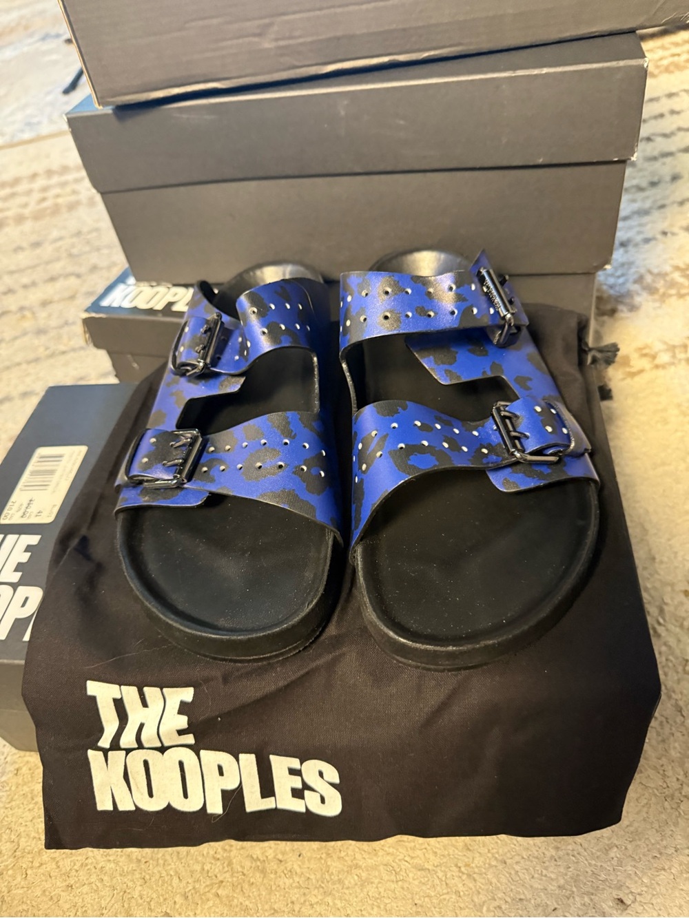 The Kooples Blue Leopard Print Slide Sandals